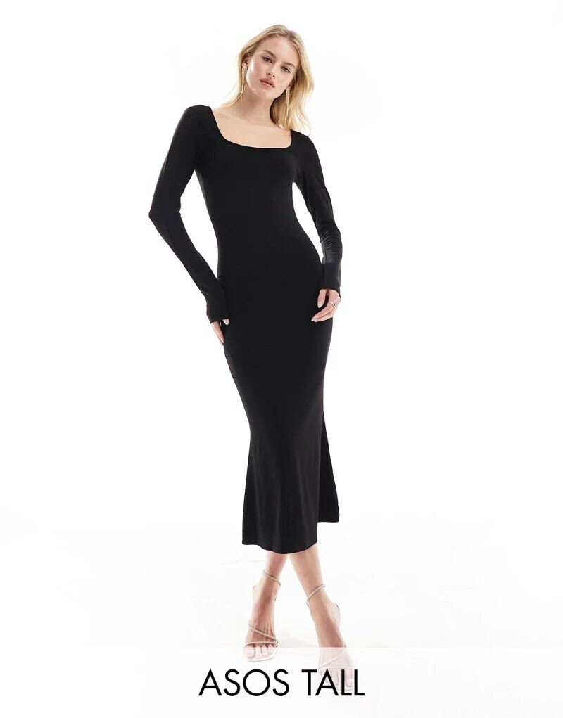 

Черное мягкое платье миди с квадратным вырезом и длинными рукавами ASOS DESIGN Tall, Черный