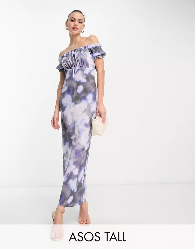 

ASOS DESIGN Tall — синее платье миди «доярка» с цветочным принтом, квадратным вырезом и завязкой спереди