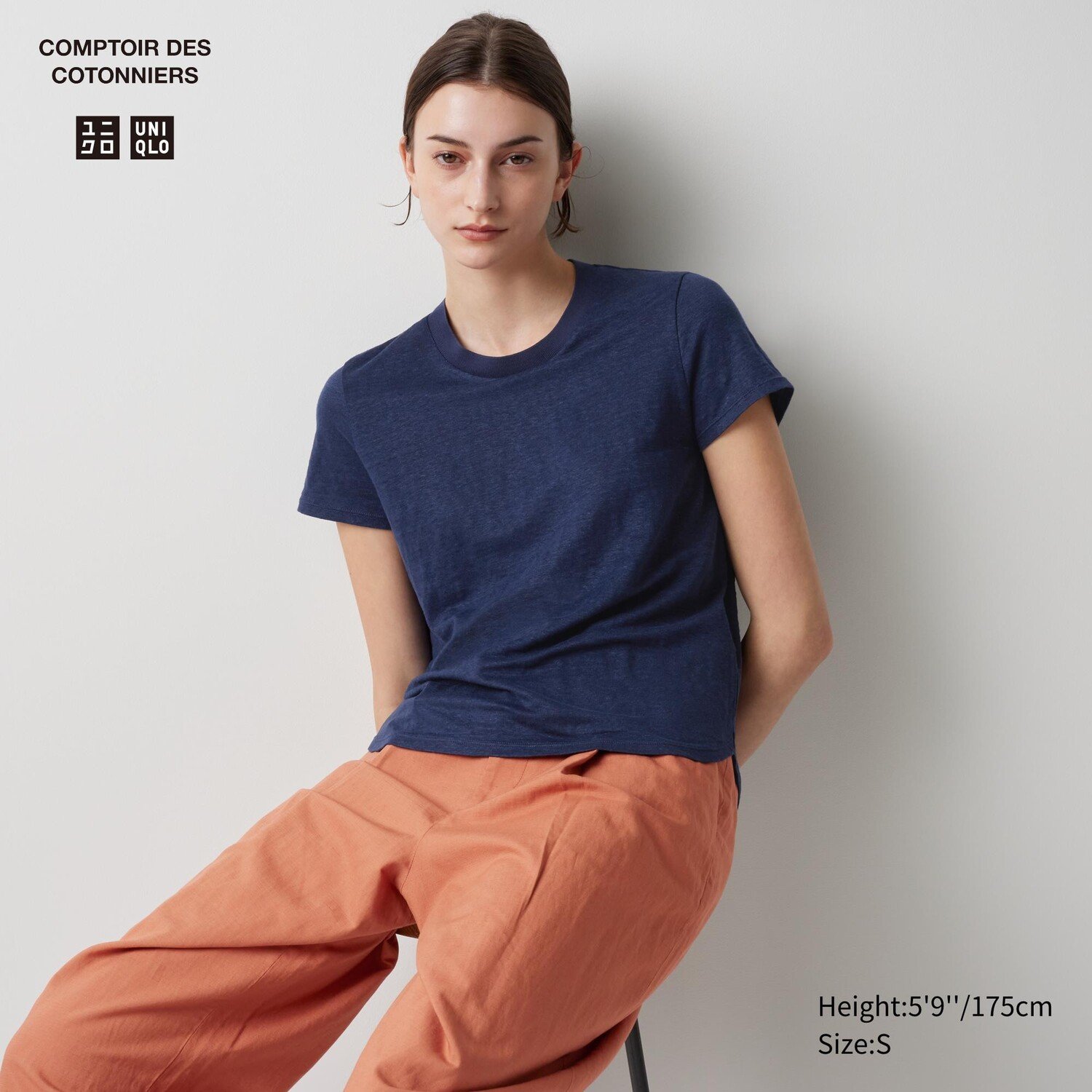 Футболка из 100% льна с круглым вырезом UNIQLO, темно-синий футболка uniqlo supima 100% с круглым вырезом темно синий