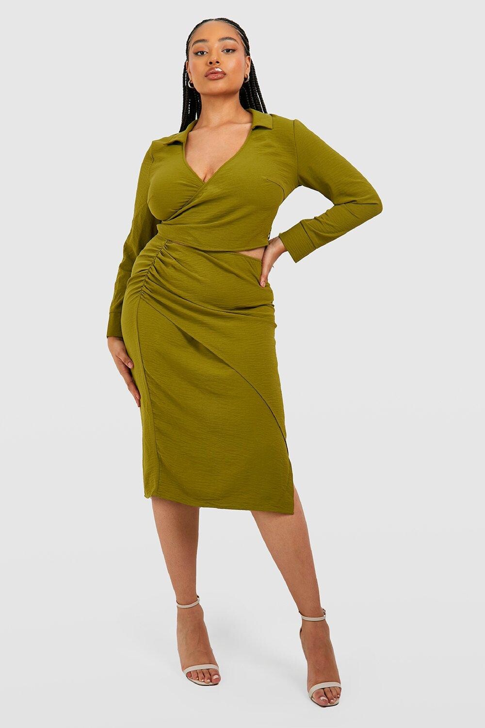 

Атласная юбка plus с запахом Boohoo, оливковый