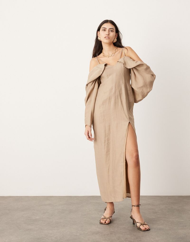 

Ярко-коричневое платье миди с открытыми плечами и длинными рукавами ASOS EDITION