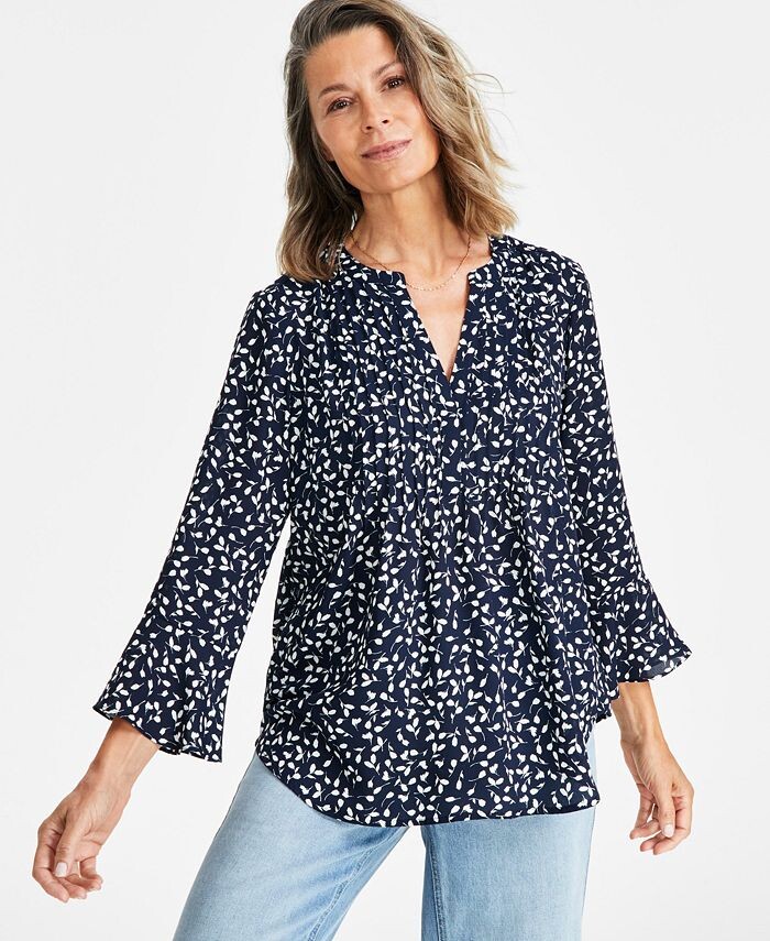 

Миниатюрный топ с защипами с цветочным принтом Style & Co, цвет Fauna Blue