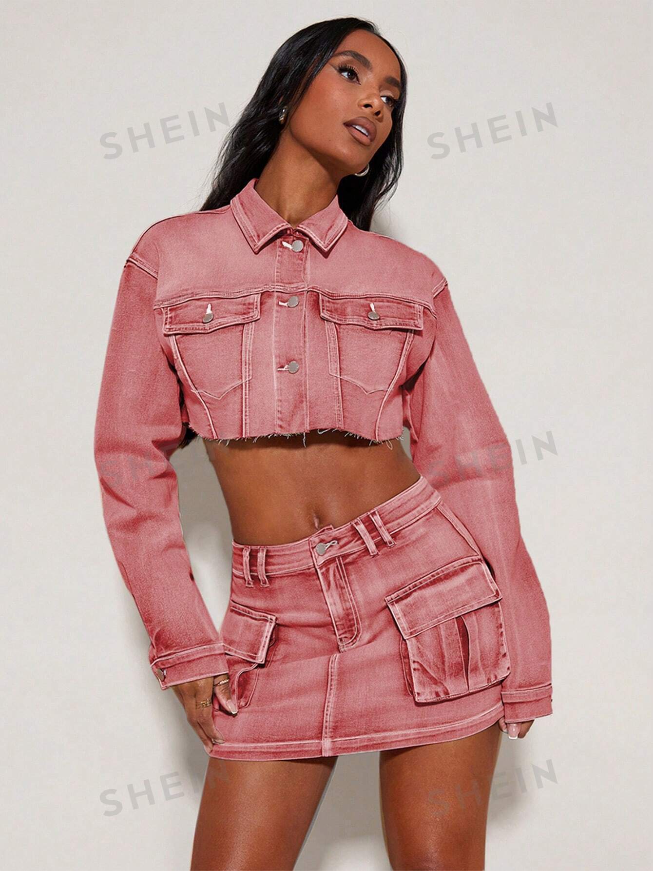 SHEIN BAE Короткая джинсовая куртка с пуговицами спереди и потертым краем, розовый цена и фото