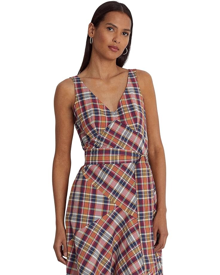 

Платье LAUREN Ralph Lauren Belted Cotton Madras Sleeveless Dress, цвет Burgundy/Navy Multi