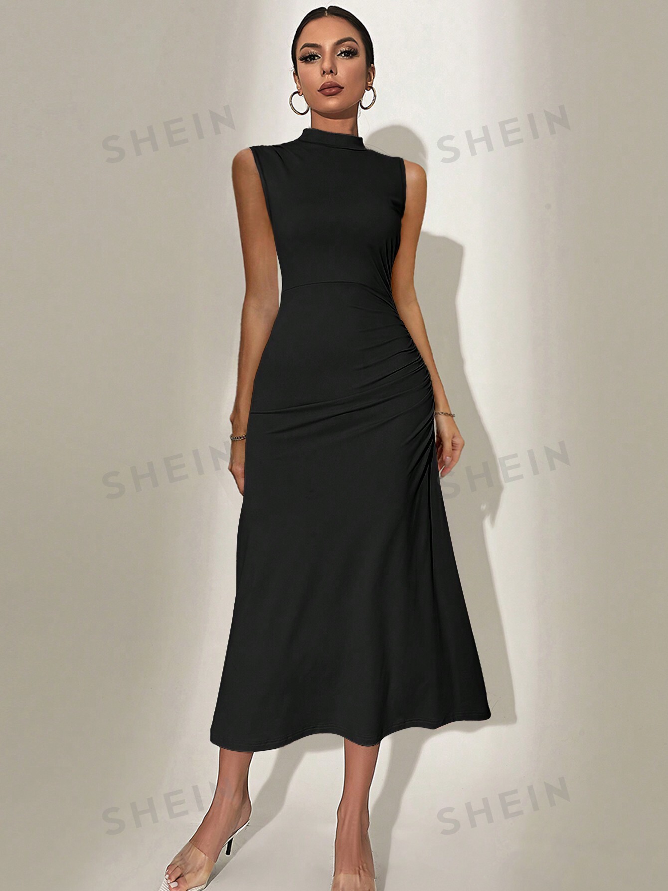 SHEIN Privé женское модное однотонное плиссированное платье без рукавов с воротником-стойкой, черный фото