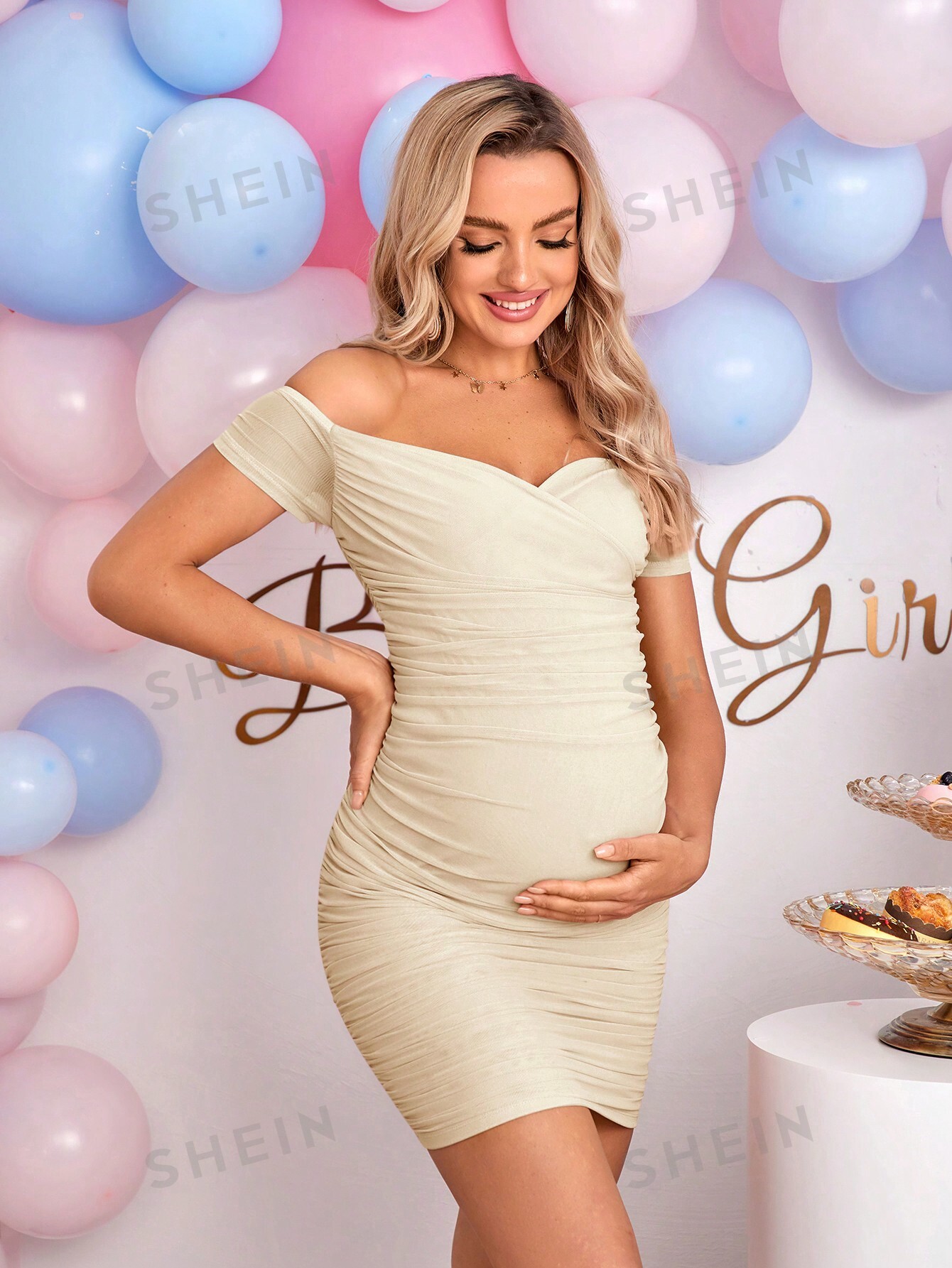 SHEIN Однотонное облегающее модное платье для беременных с открытыми плечами, абрикос