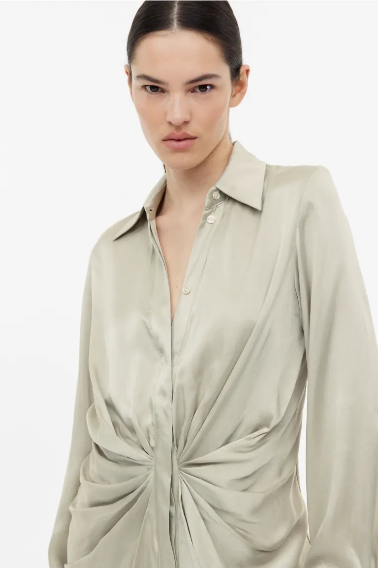 

Драпированное шелковое платье-рубашка H&M, бежевый