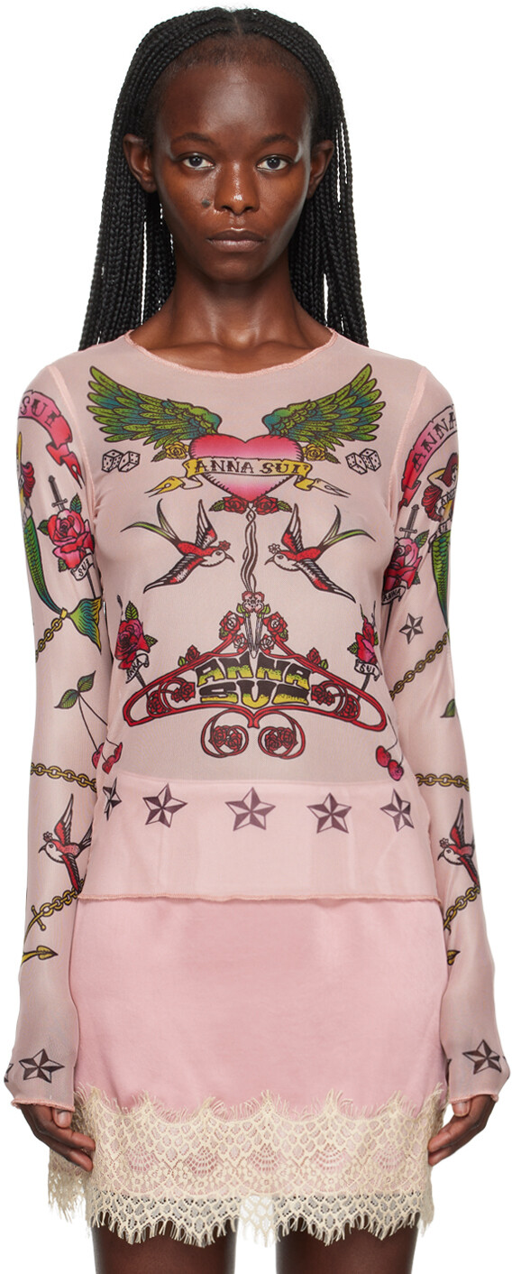 

Розовая футболка с длинным рукавом Anna Sui с татуировкой, Розовый