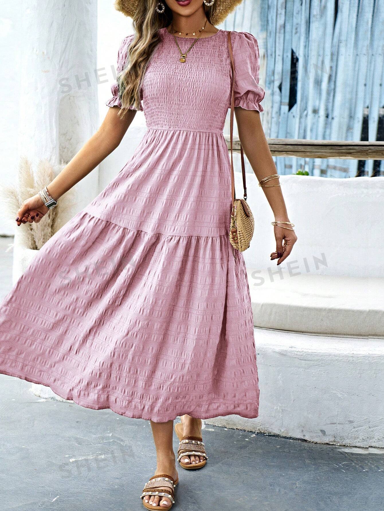 SHEIN VCAY женское свободное платье с круглым вырезом и короткими рукавами-фонариками, розовый