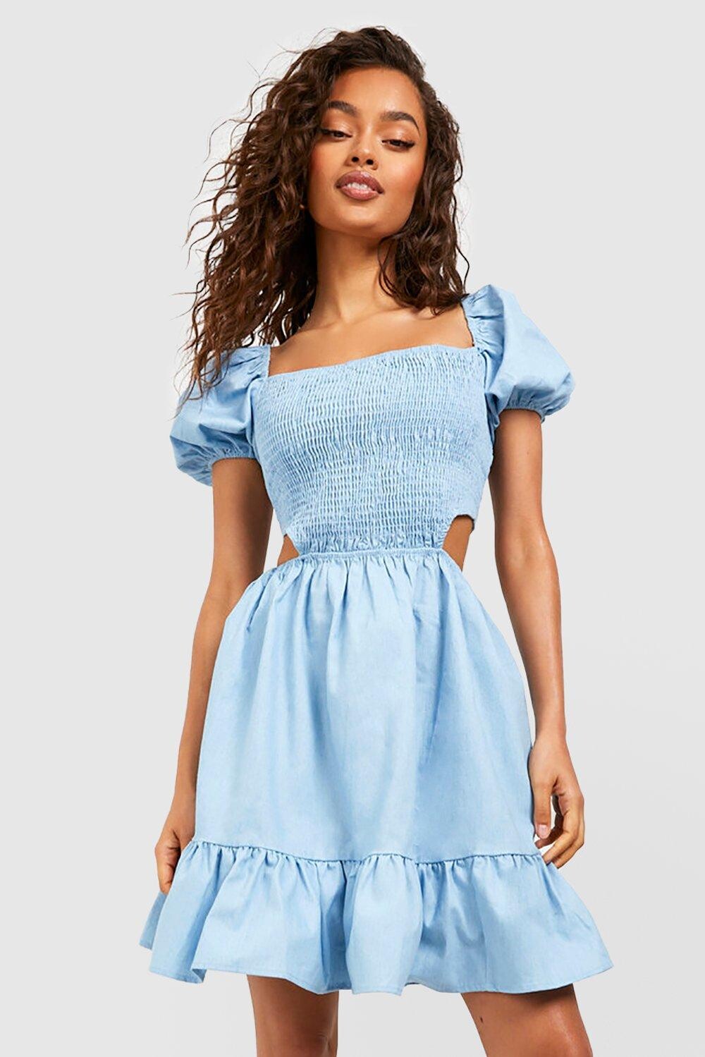 

Платье с приготовленными рукавами и бухами Boohoo, синий