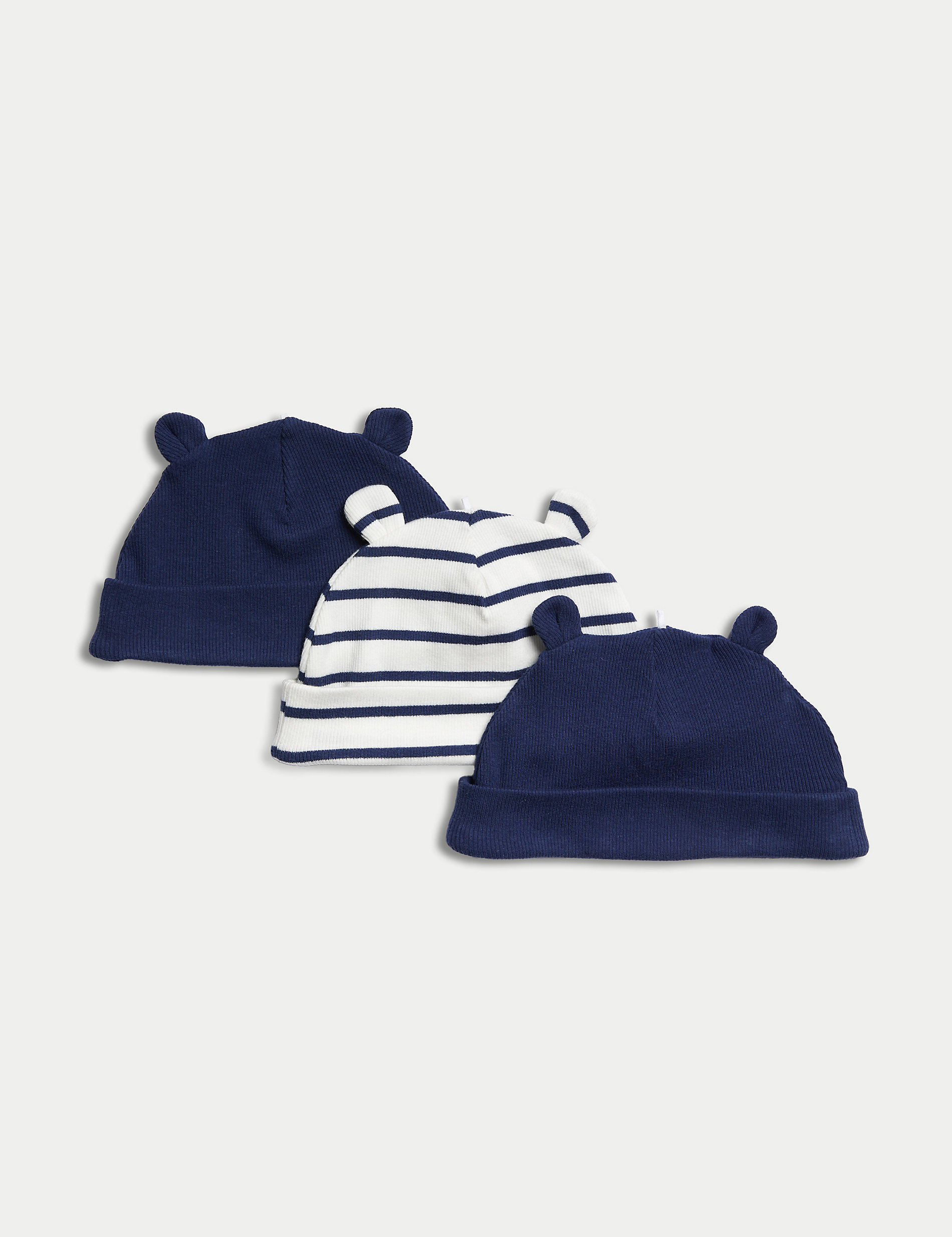3 шт. хлопковые шапки в полоску и с ушками (0–1 год) Marks & Spencer, индиго микс