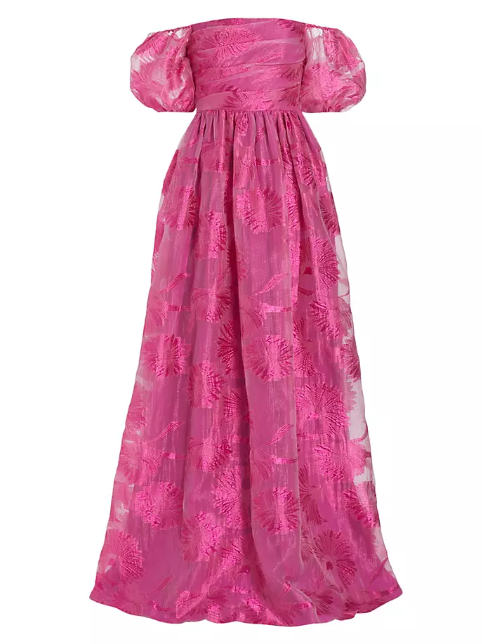 Жаккардовое платье из органзы с открытыми плечами Ml Monique Lhuillier, цвет pink sapphire