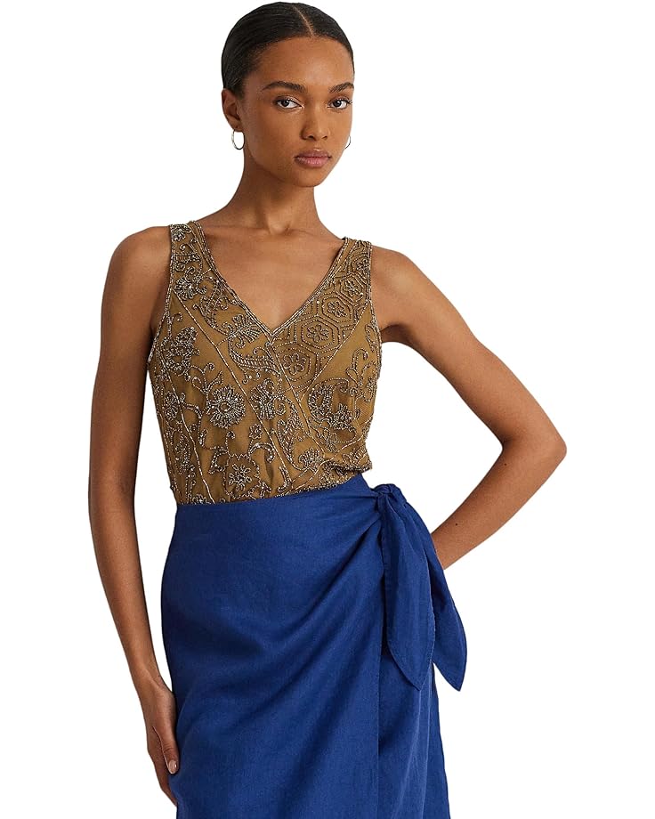 Блуза LAUREN Ralph Lauren Beaded Mesh Sleeveless, цвет Burnished Tan цена и фото
