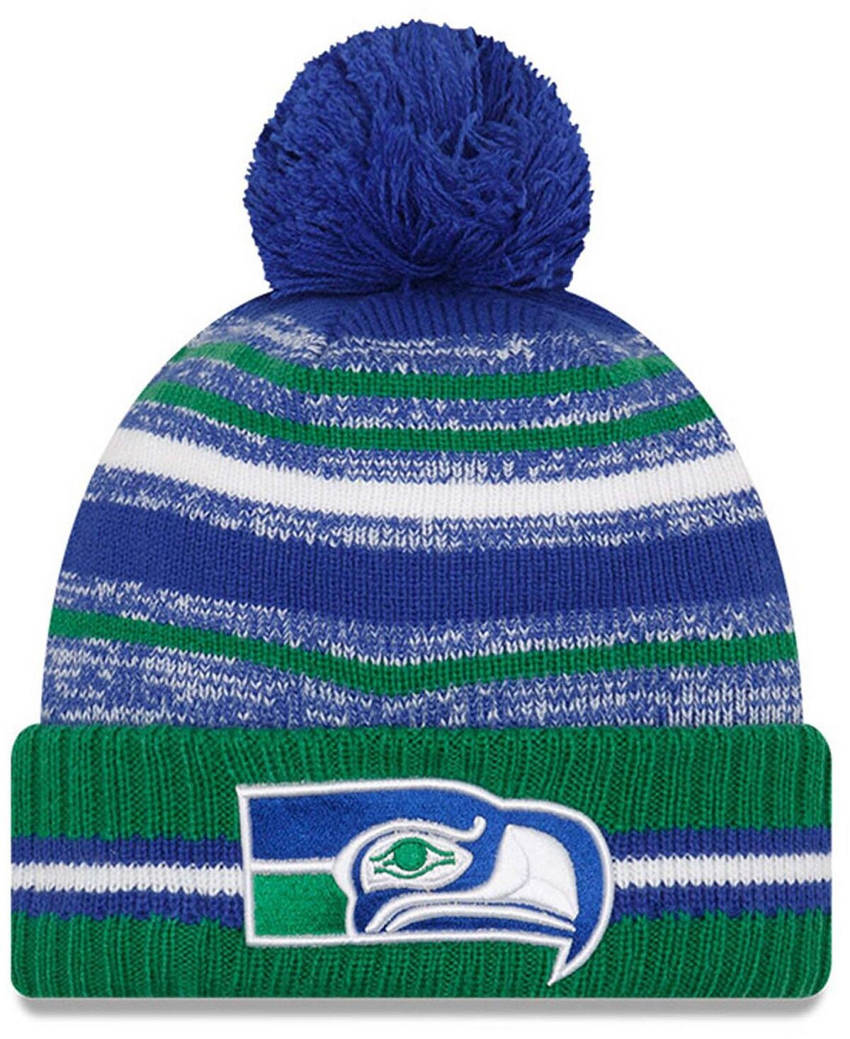 

Мужская вязаная шапка с манжетами и историческими помпонами Royal and Kelly Green Seattle Seahawks 2021 NFL Sideline New Era