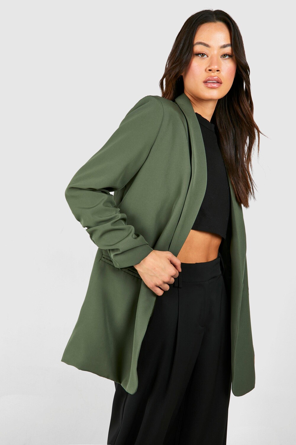 

Длинный тканый пиджак строгого кроя boohoo, хаки