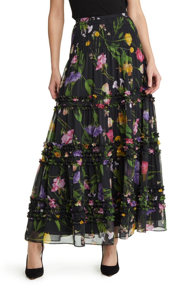 

Ярусная шифоновая юбка с цветочным принтом Thieaa TED BAKER LONDON, черный