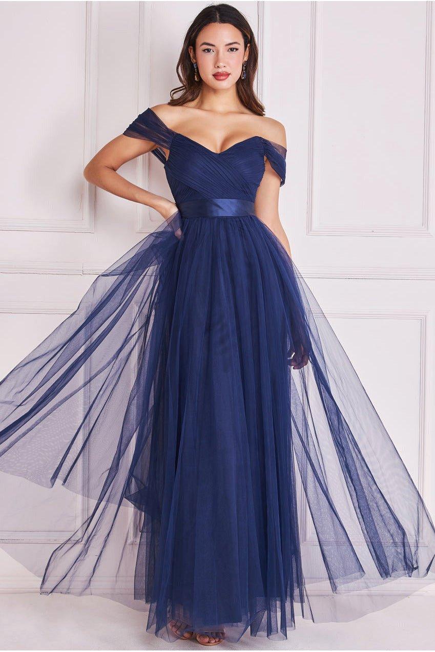 Платье макси принцессы с открытыми плечами Goddiva, темно-синий женское вечернее платье из тюля бежевое трапециевидное платье с открытыми плечами и рукавами три четверти длинное праздничное платье 2020