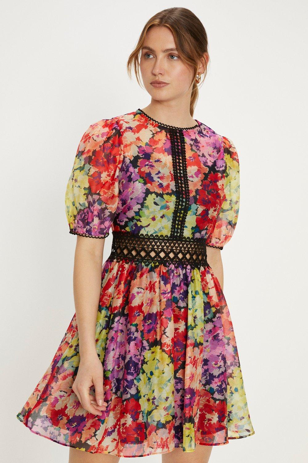 цена Мини-платье из органзы с цветочной кружевной отделкой Oasis, мультиколор