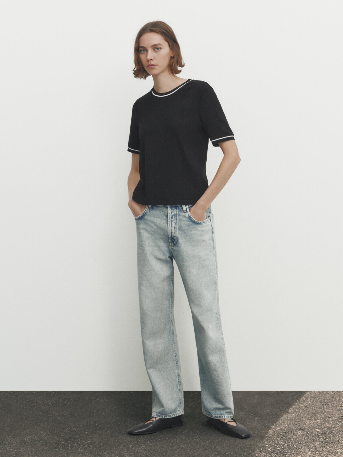 

Контрастная футболка с коротким рукавом Massimo Dutti, черный
