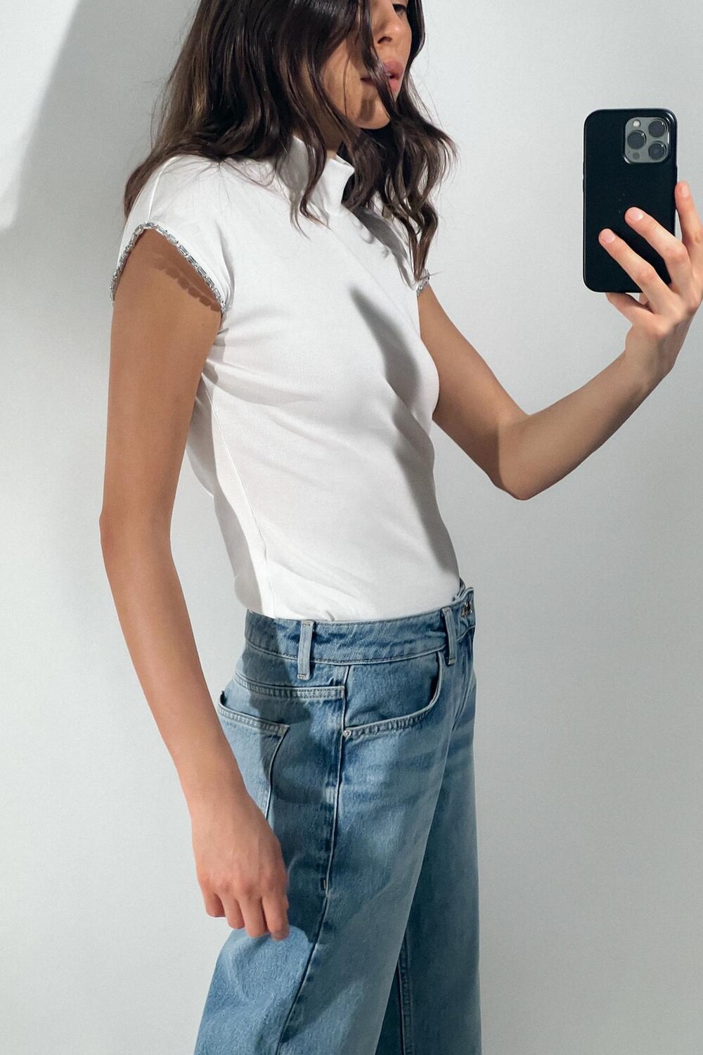 

Хлопковый топ со стразами ZARA, белый