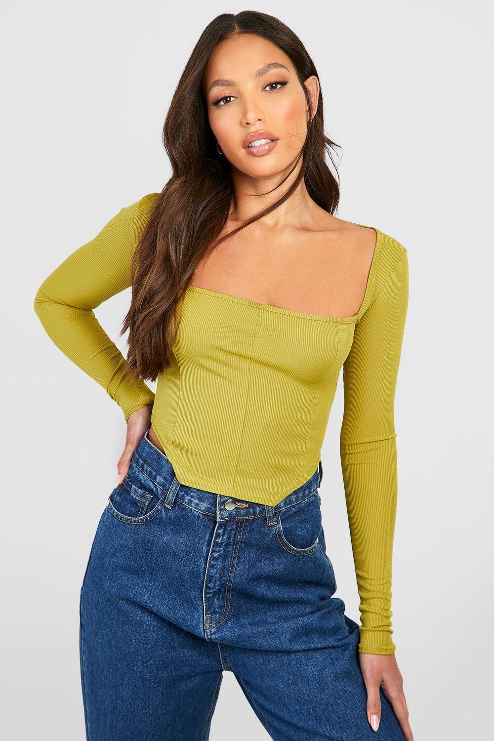 

Топ с длинными рукавами и высоким корсетом в ребку Boohoo, лаймовый
