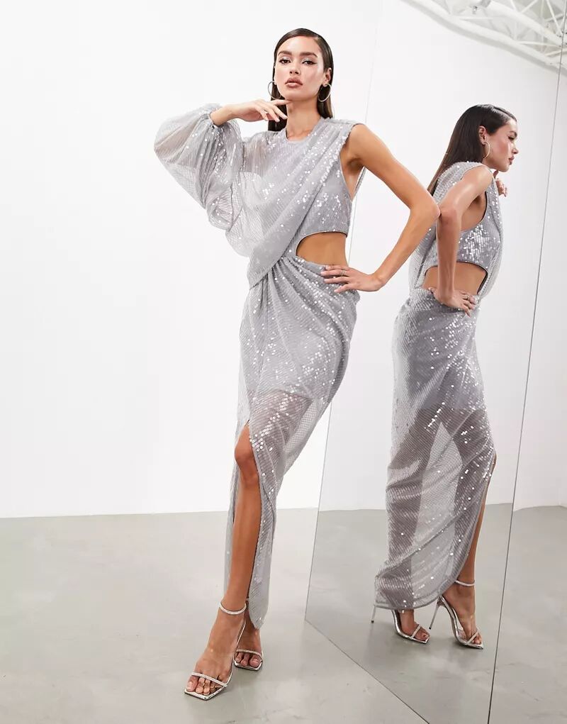 Серебристое асимметричное платье макси с разрезом из пайеток ASOS