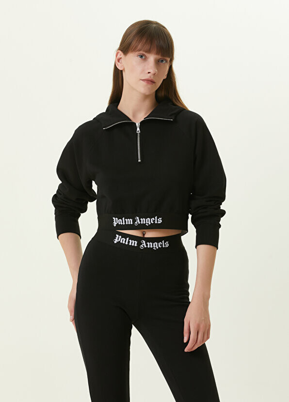 

Черный укороченный свитшот с капюшоном и логотипом Palm Angels