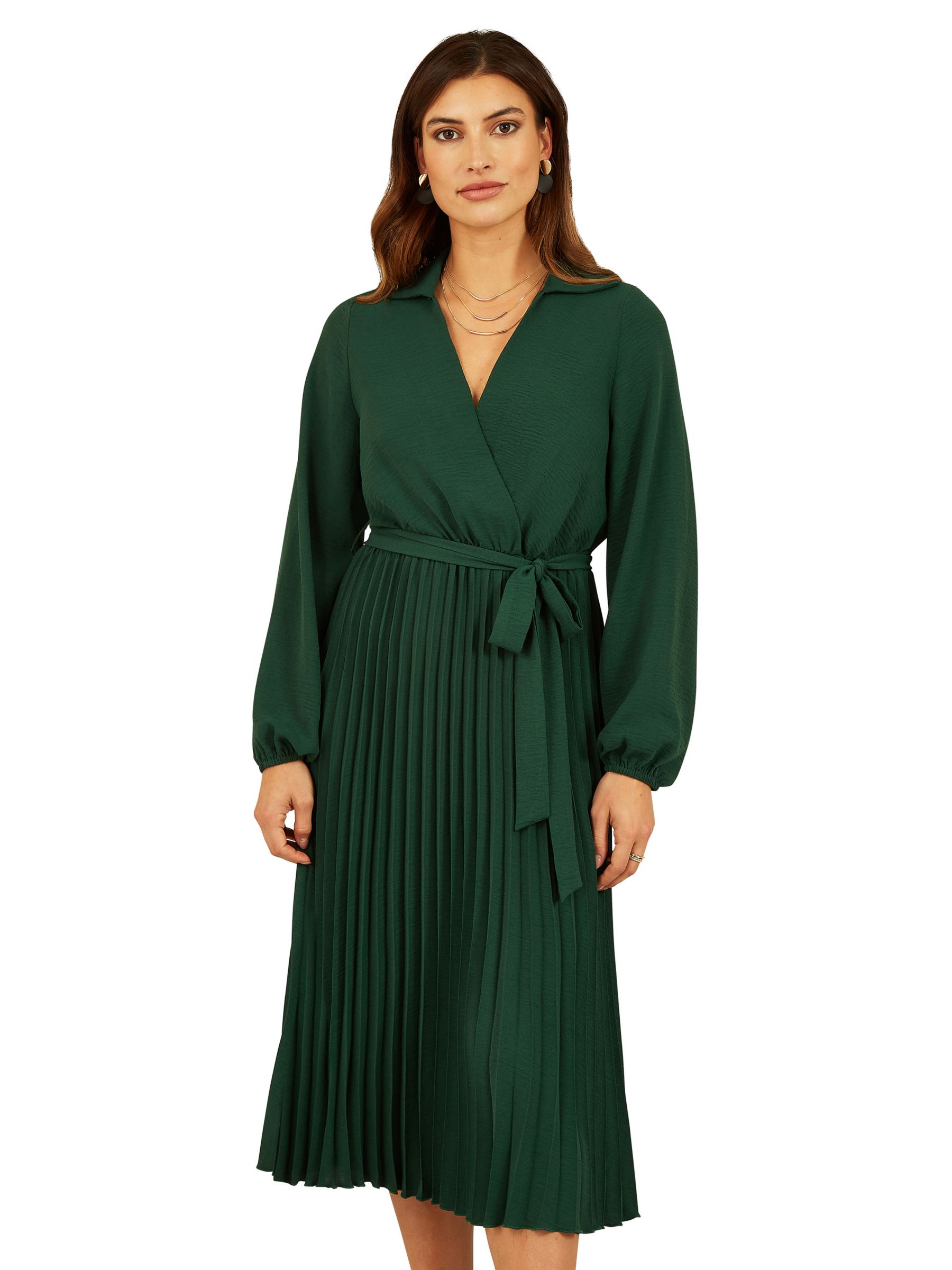 цена Плиссированное платье миди с длинными рукавами и запахом Yumi Mela London, зеленое