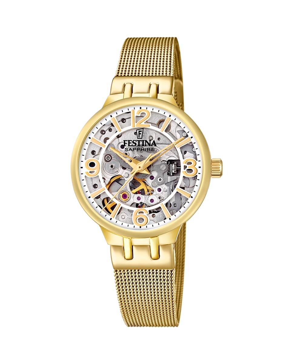 

F20580/1 Автоматические женские часы Skeleton из золотой стали Festina, золотой