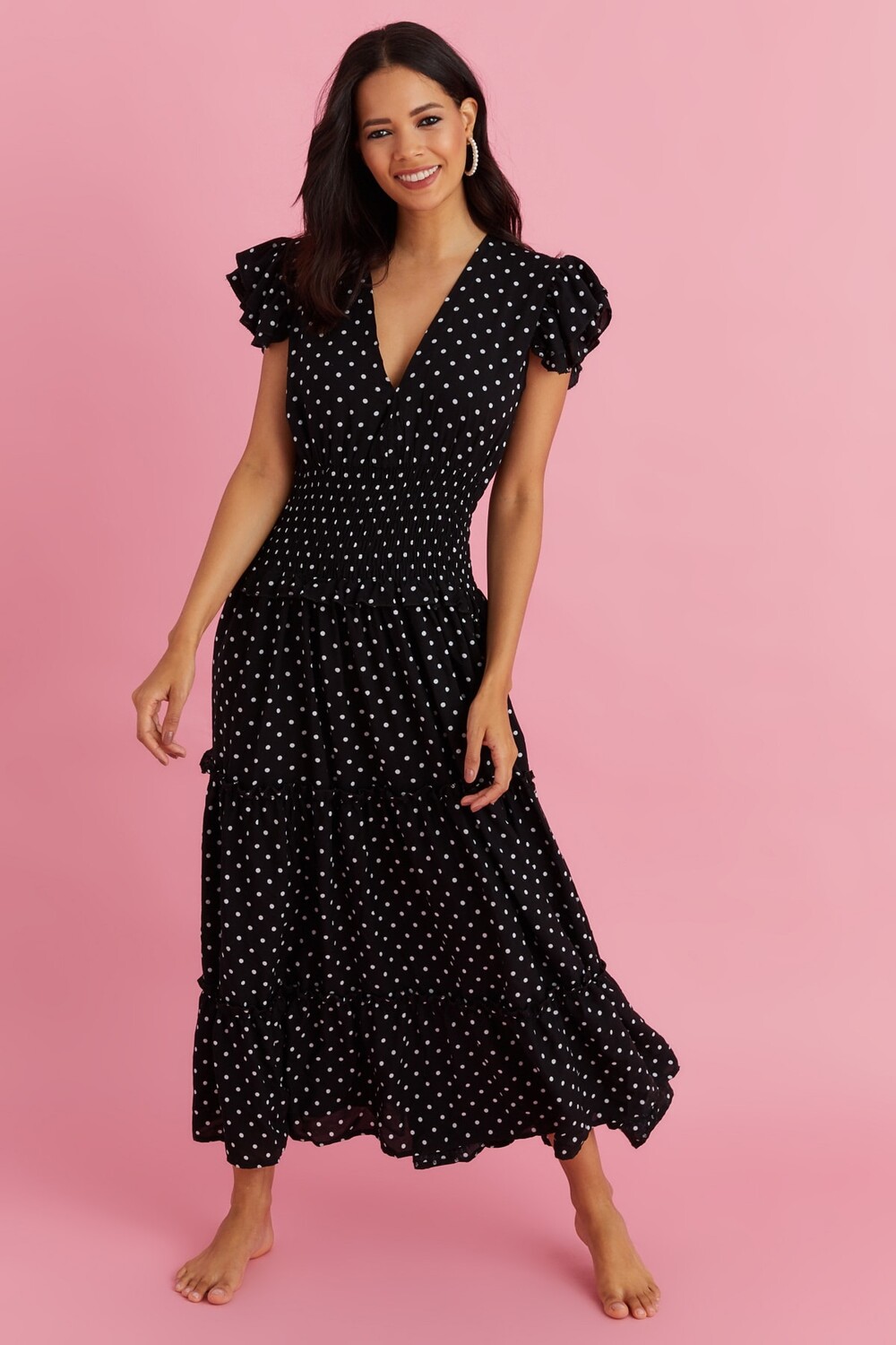 

Женское черное платье макси в блестящий горошек BK1195 Cool & Sexy, черный