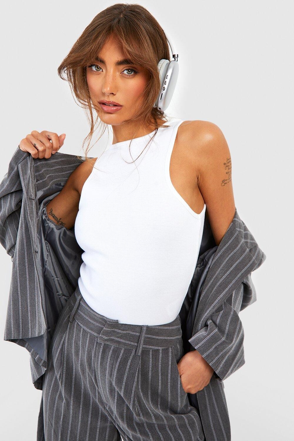 

Боди basic rib racer neck Boohoo, белый