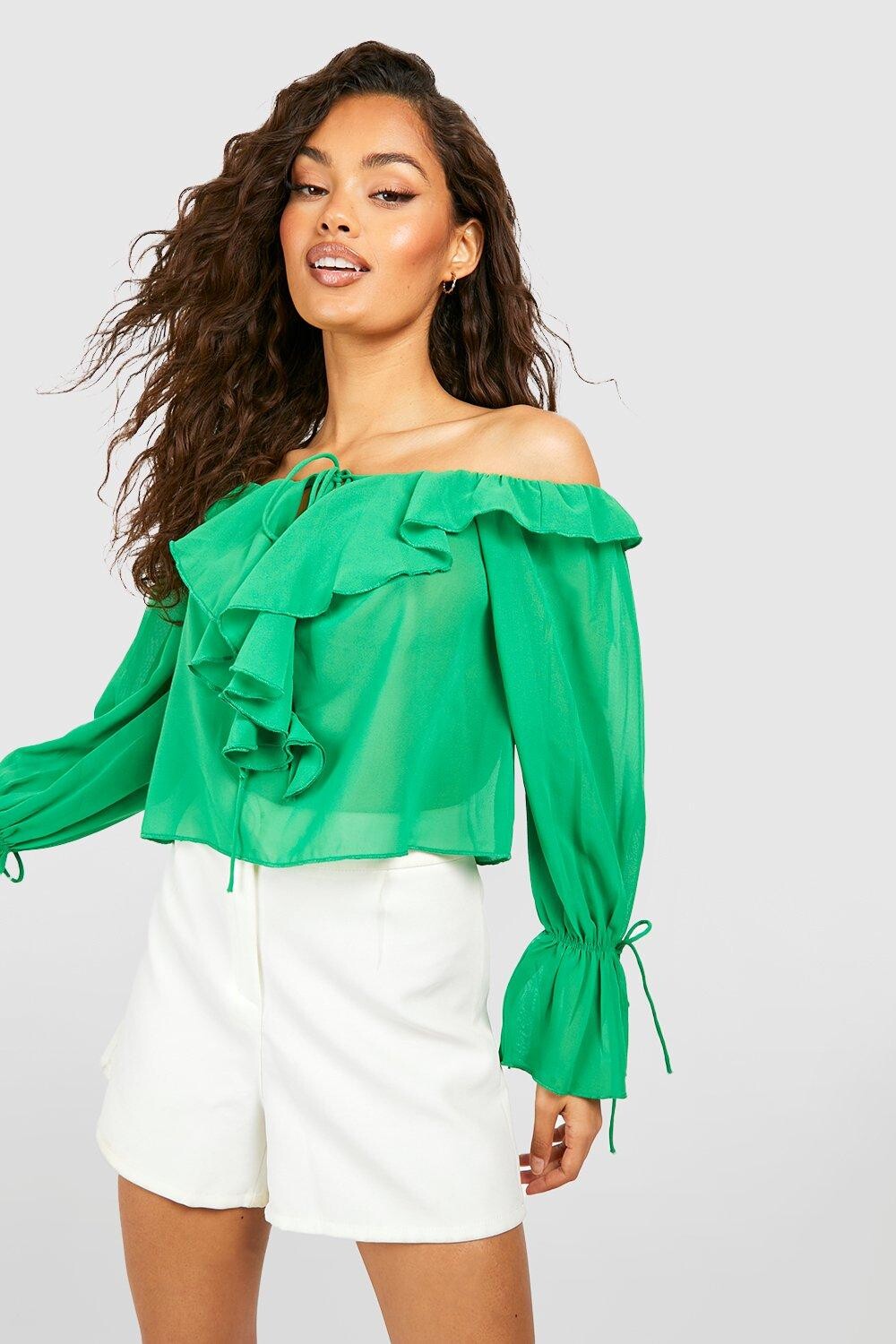 

Укороченный топ из шифона с открытыми плечами Boohoo, зеленый