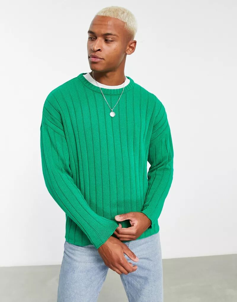 Ярко-зеленый свитер оверсайз в широкую рубчик ASOS зеленый велюровый свитшот в рубчик оверсайз с университетской нашивкой asos