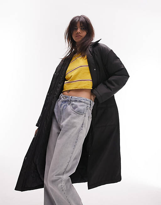 

Черное длинное пальто с воротником-стойкой Topshop, Черный