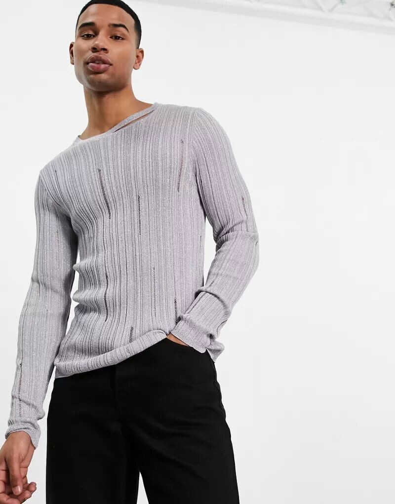 

Серебристый вязаный джемпер со стежками ASOS