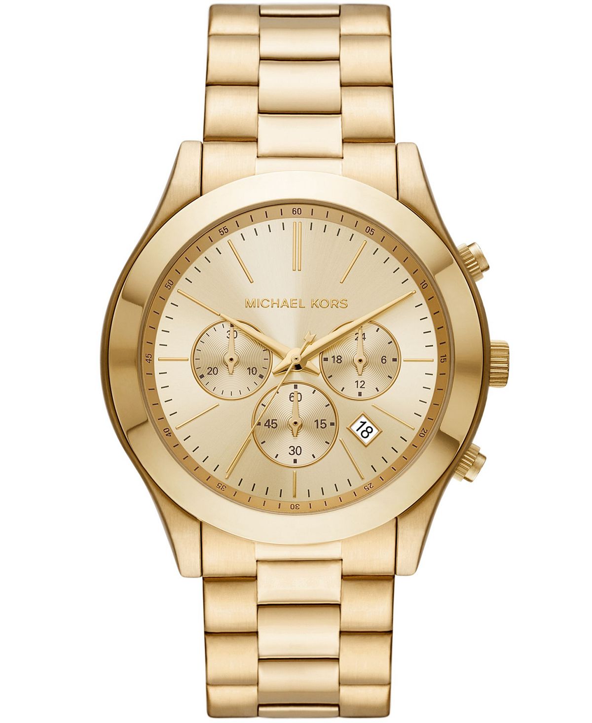 цена Мужские тонкие часы с хронографом и золотистым браслетом из нержавеющей стали, 44 мм Michael Kors