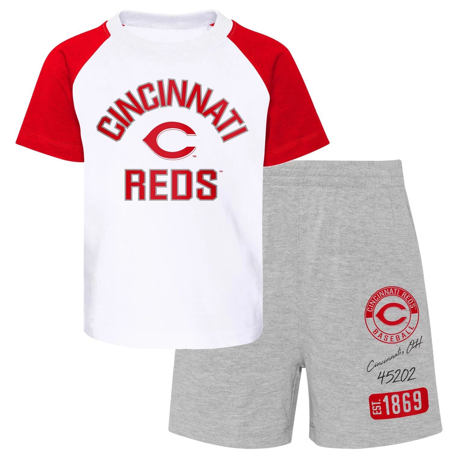 

Комплект из футболки и шорт реглан белого/серого цвета для малышей Cincinnati Reds из двух предметов Groundout Baller Outerstuff