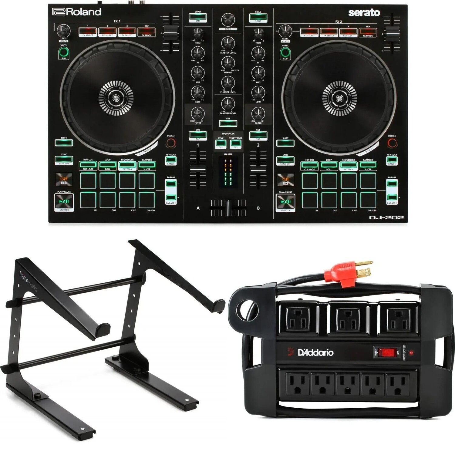 

4-дековый Serato DJ-контроллер Roland DJ-202 с подставкой для ноутбука и блоком питания