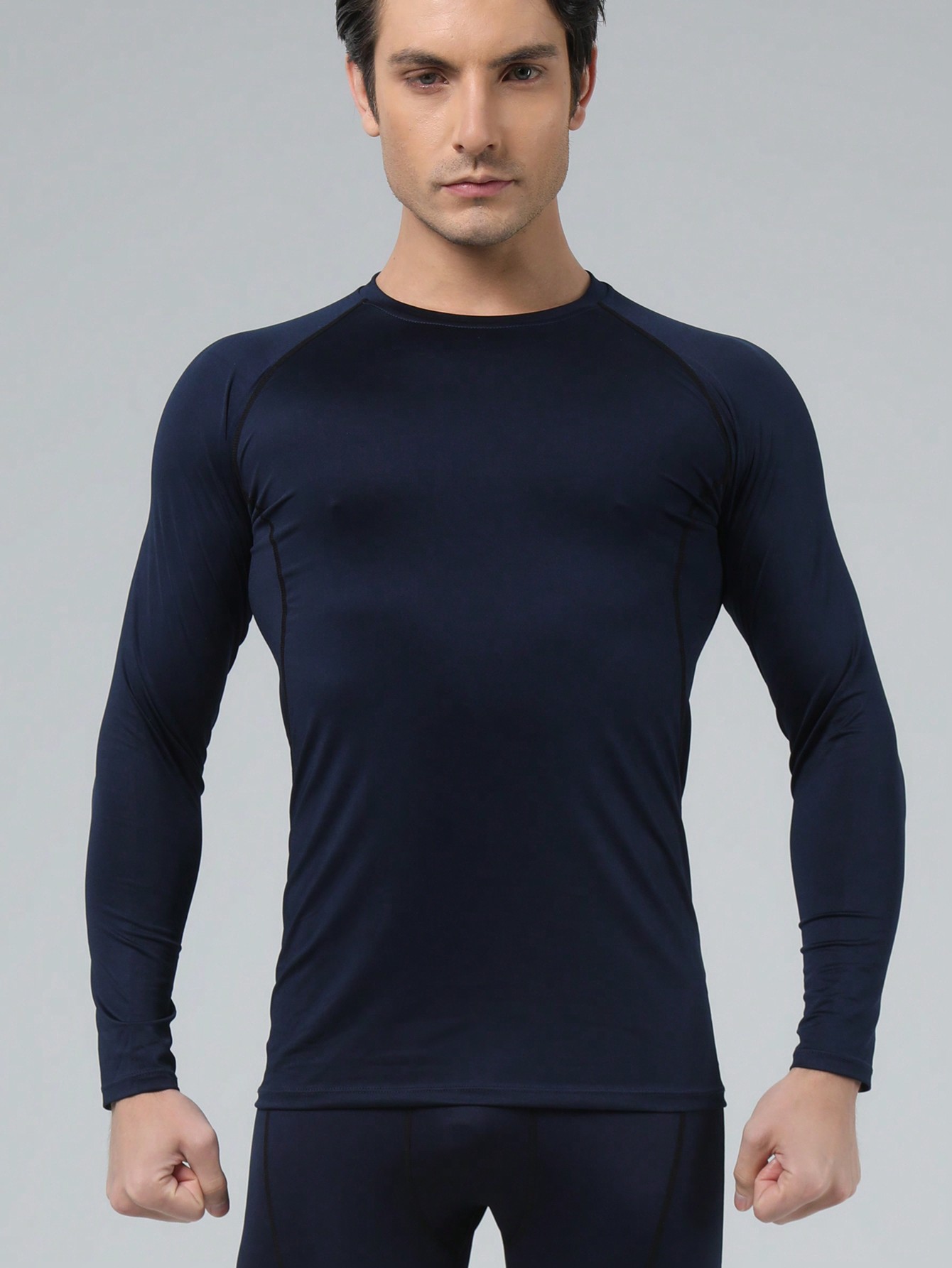 цена Мужская эластичная компрессионная рубашка для фитнеса с длинными рукавами, темно-синий