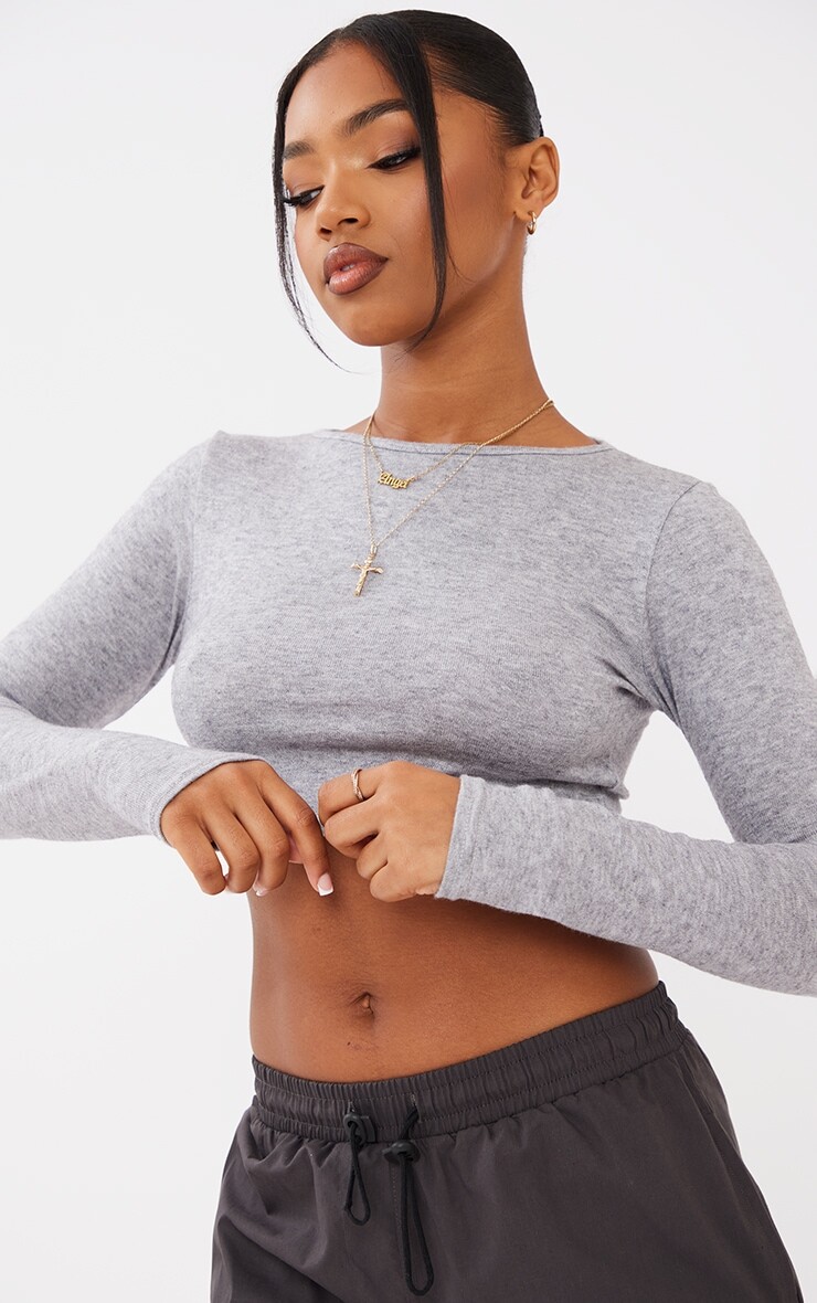 

PrettyLittleThing Серый меланжевый укороченный топ с длинными рукавами