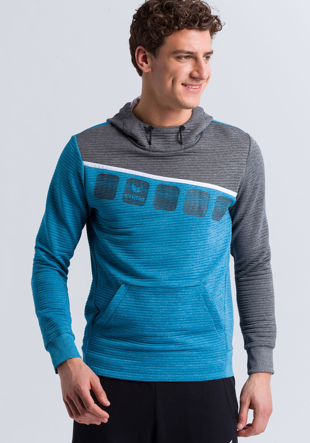 Толстовка erima 5 C Kapuzensweat, цвет oriental blue melange/grau melange/weiss