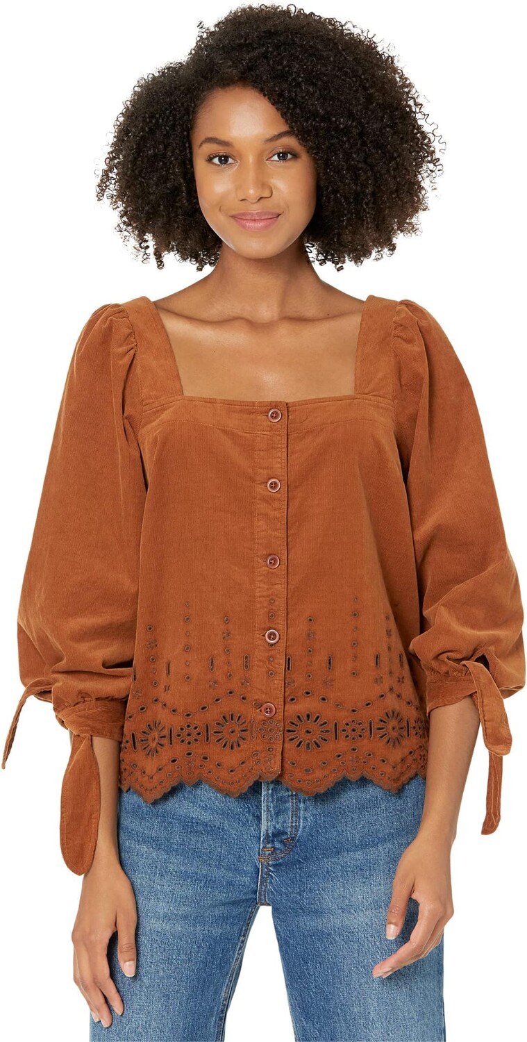 

Вельветовый топ с завязками на рукавах и вышивкой Madewell, цвет Warm Coffee