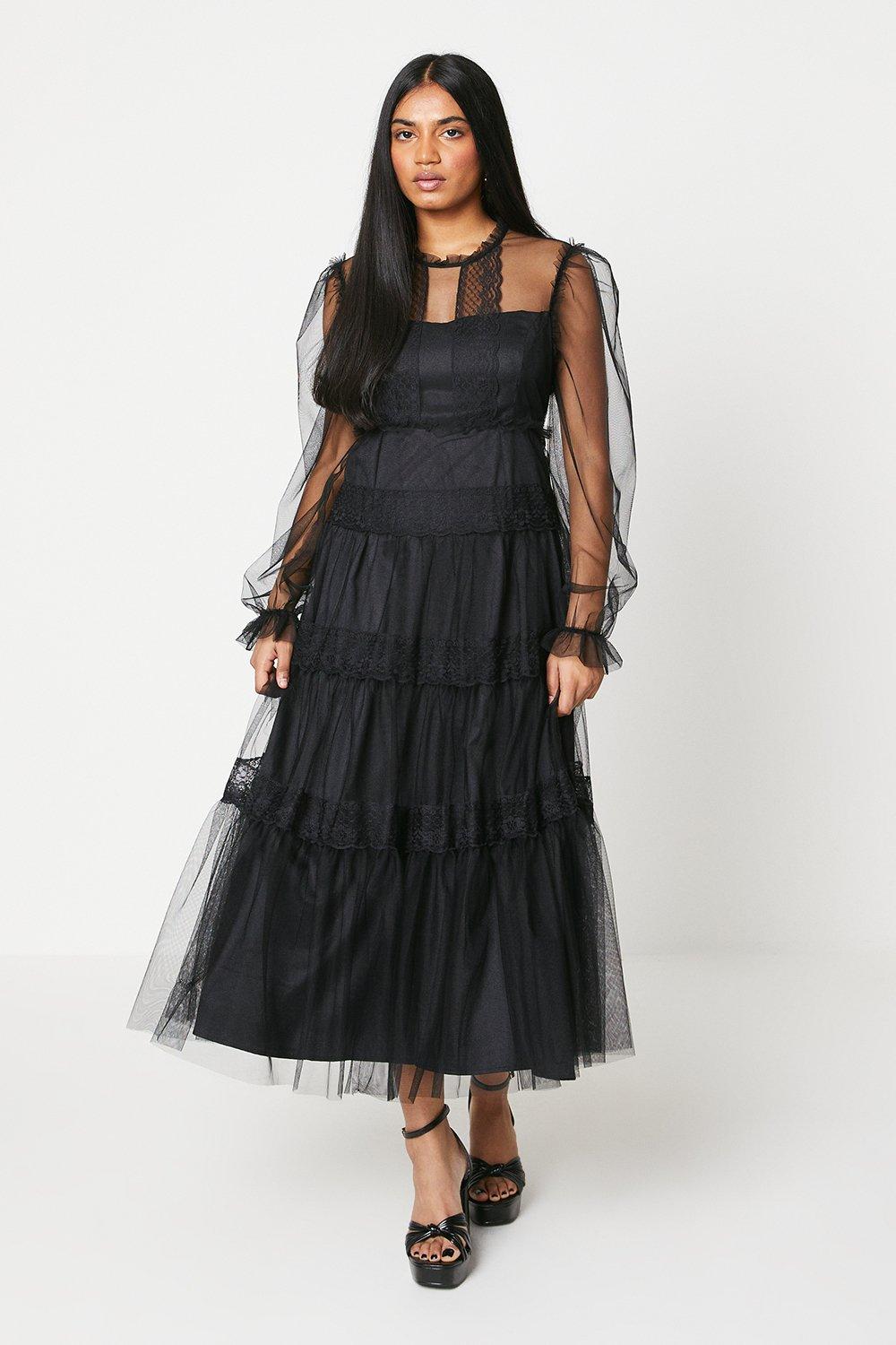 цена Миниатюрное многоуровневое платье миди из сетчатой ​​ткани с рюшами и кружевными вставками Oasis, черный
