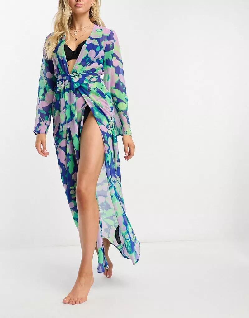 

Пляжное кимоно макси ASOS с завязкой спереди и термопринтом с цветочным принтом