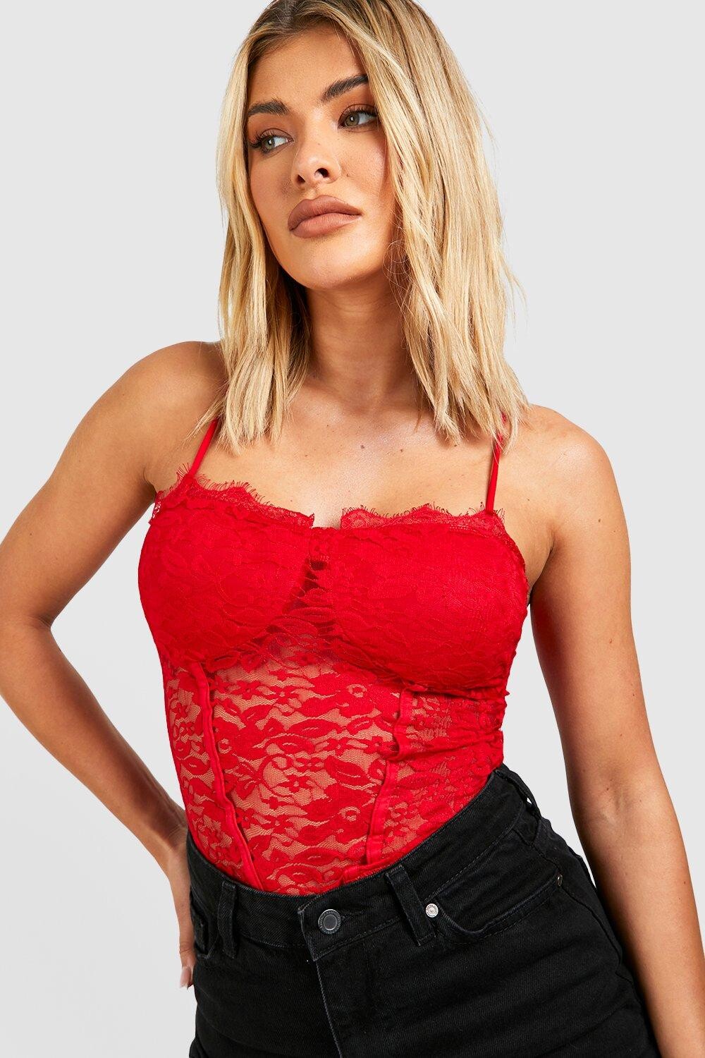 

Кружевной корсетный топ с брязками Boohoo, красный