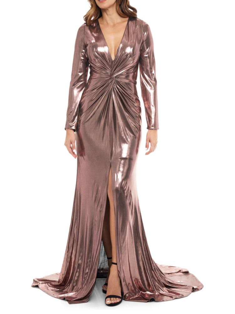 Платье цвета металлик с глубоким вырезом и драпировкой Rene Ruiz Collection, цвет Metallic Rose Gold