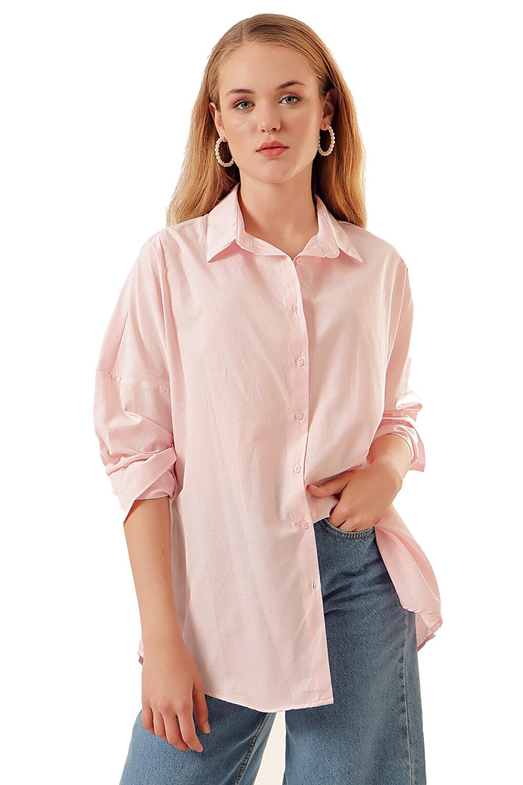 Длинная базовая женская рубашка оверсайз Rodi, пудрово-розовый