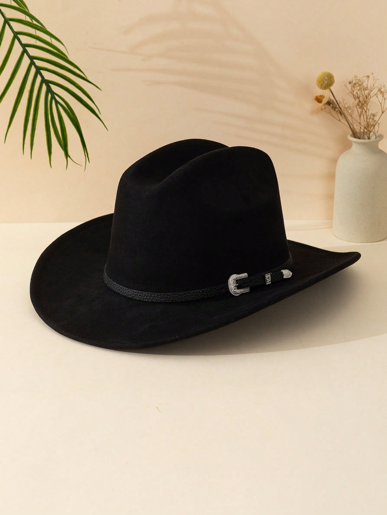 1 шт. черная замшевая ковбойская шляпа унисекс с железной пряжкой и закругленными полями для осени и зимы, черный регулируемая модная унисекс шляпа для отдыха на открытом воздухе