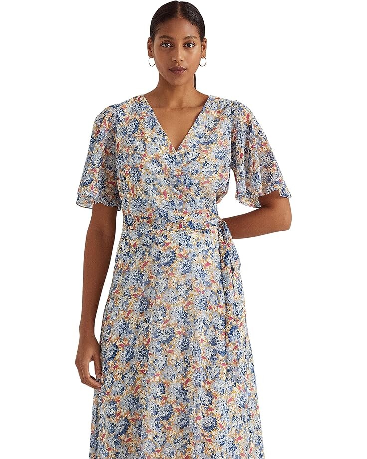 

Платье LAUREN Ralph Lauren Floral Belted Georgette Dress, цвет Blue/Pink Multi