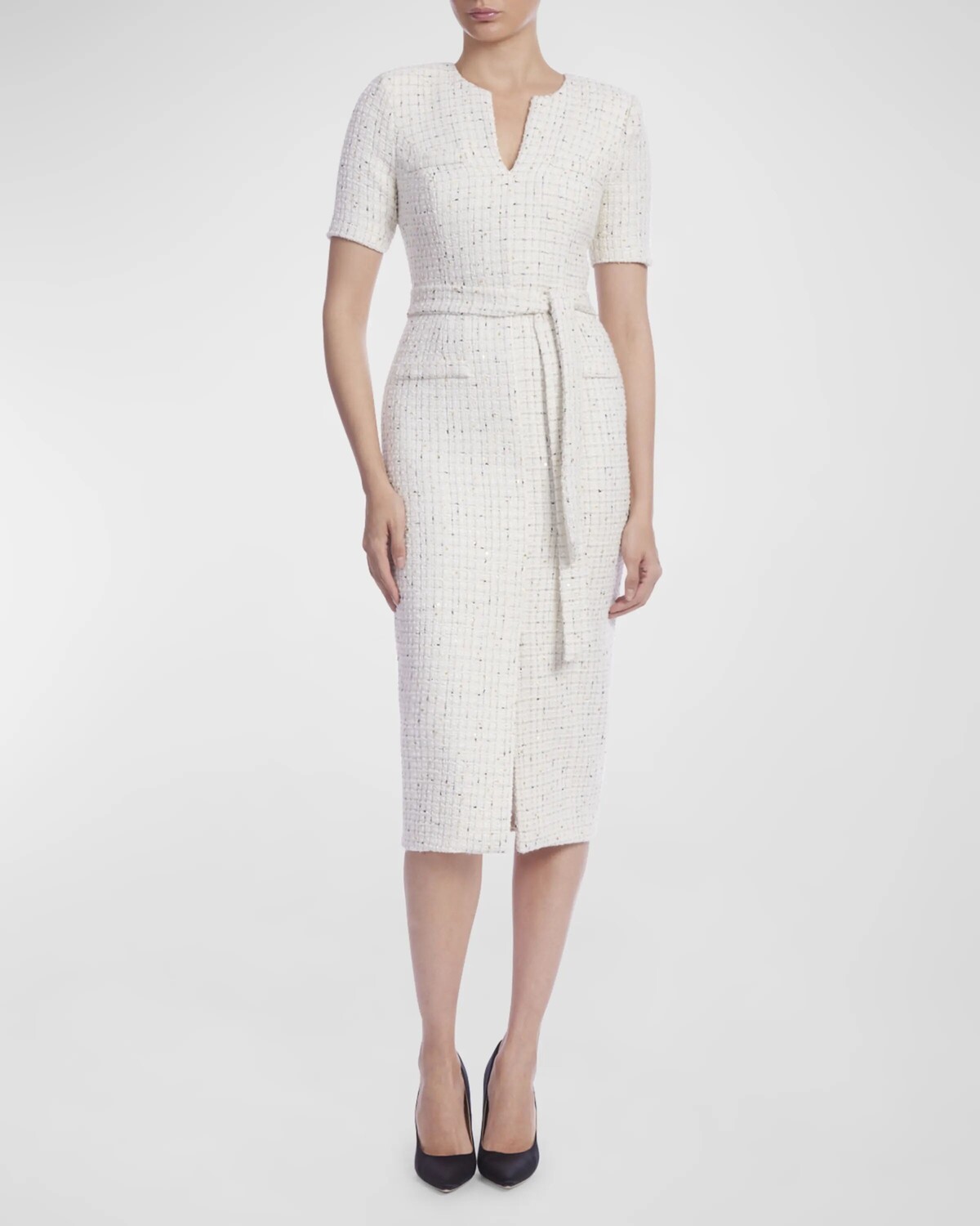 

Твидовое платье-футляр миди с пайетками Badgley Mischka Collection, белый